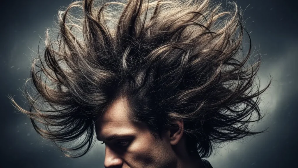His hair was a tangled storm