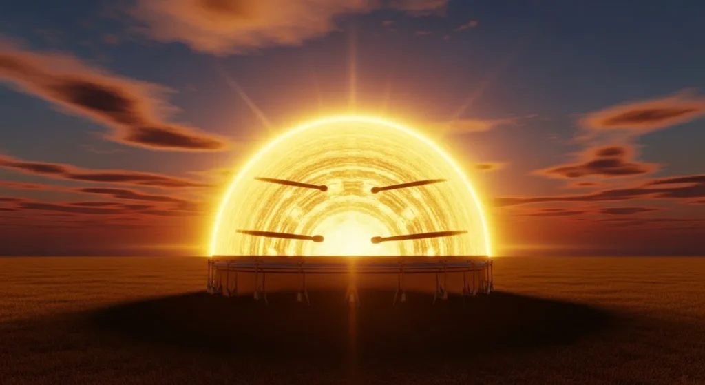 The sun was a golden drum in the sky