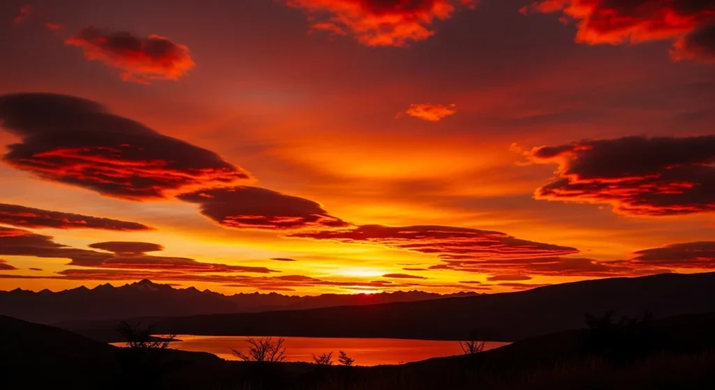 The sunset spilled fire across the sky