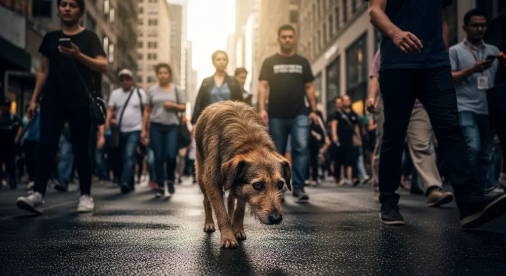 He’s a stray dog in the crowd