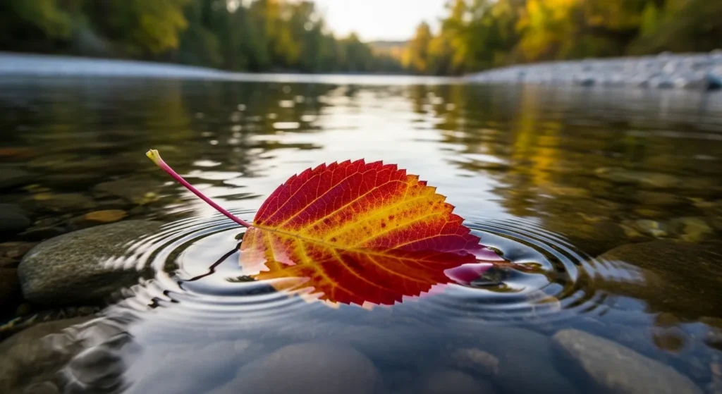  A leaf drifting on a river